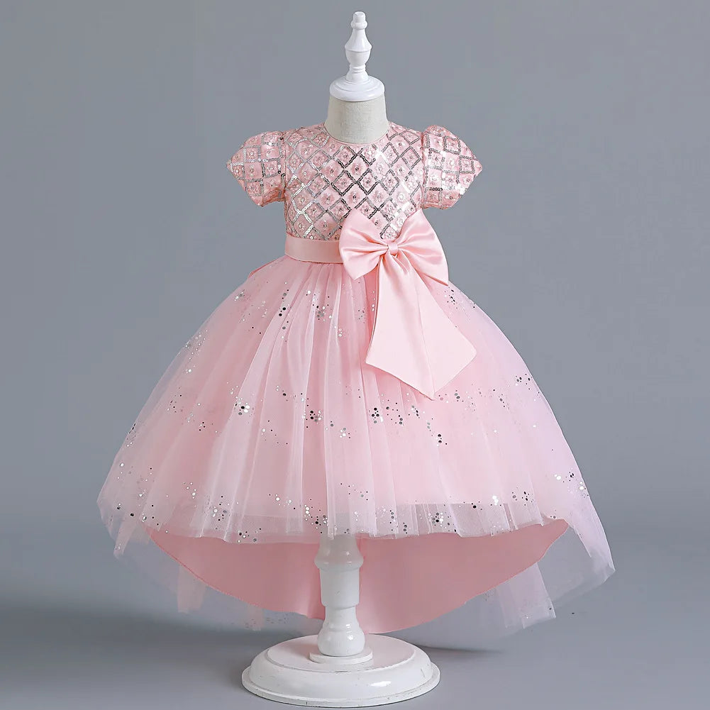 Kids’ Sequin Dress – High-Low Puffy Tutu with Bow Belt