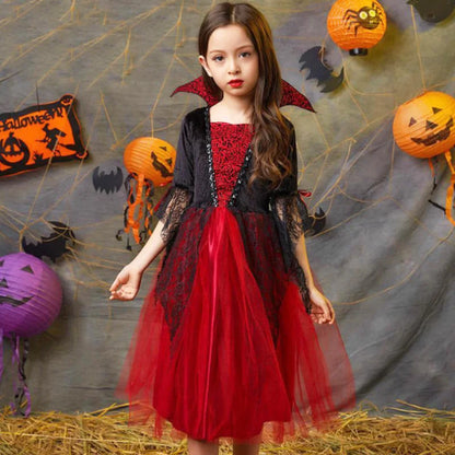 Girls Red & Black Vampire Costume – Halloween Gothic Party Dress