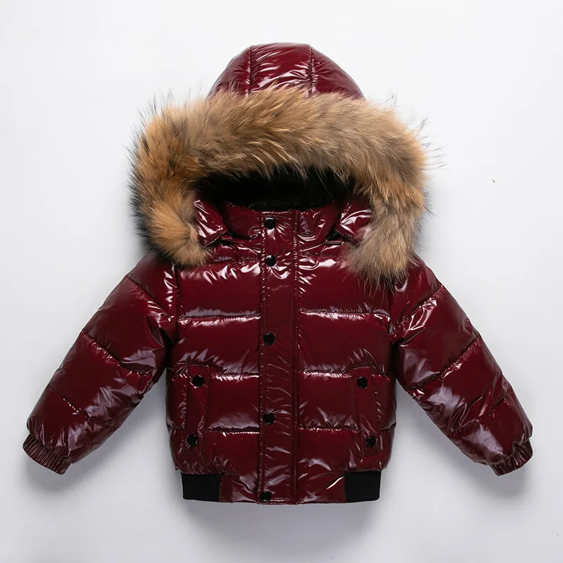 Shiny Waterproof Kids' Down Parka – Real Fur Hood