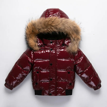 Shiny Waterproof Kids' Down Parka – Real Fur Hood