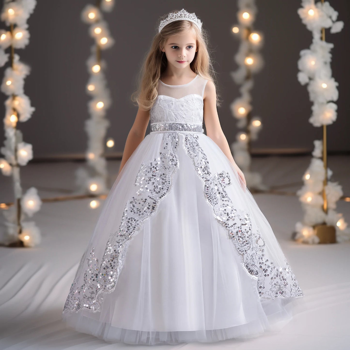 Girls Elegant Lace Wedding & Party Princess Dress