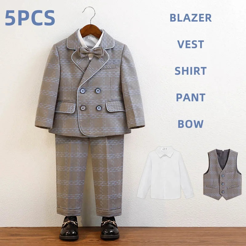 Young Boys’ Formal Outfit – British Plaid Blazer & Pants Set