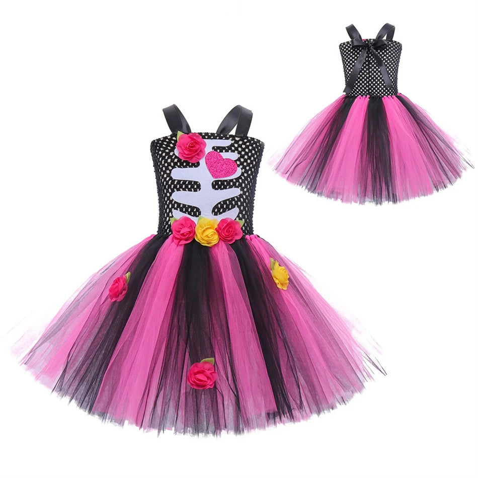 Girls Halloween Performance Outfit – Skull & Floral Tutu