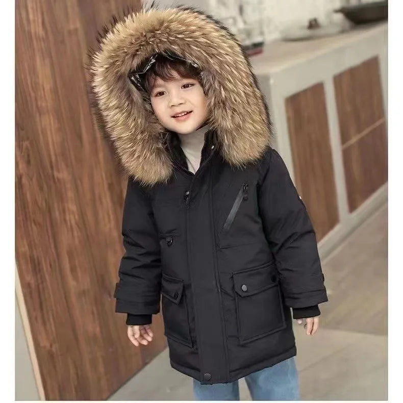 Kids’ Padded Winter Jacket – Thick Fur Collar Hooded Parka, Warm Cotton Coat for Boys & Girls
