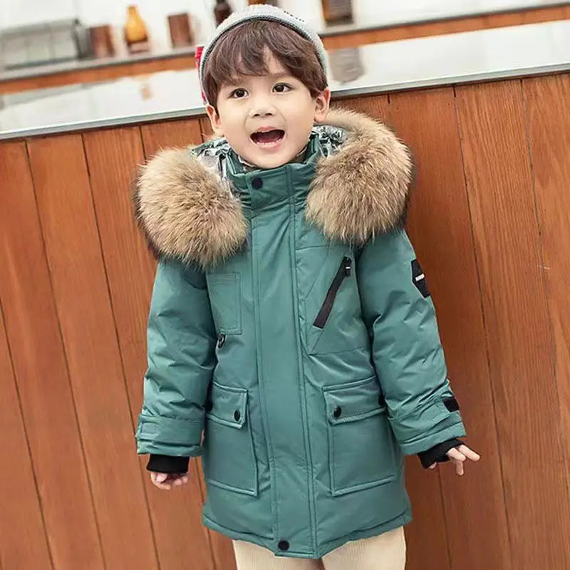 Kids’ Padded Winter Jacket – Thick Fur Collar Hooded Parka, Warm Cotton Coat for Boys & Girls