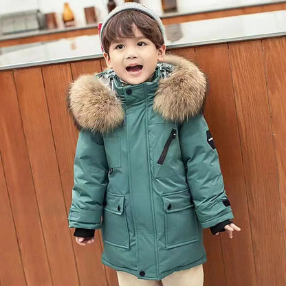 Kids’ Padded Winter Jacket – Thick Fur Collar Hooded Parka, Warm Cotton Coat for Boys & Girls