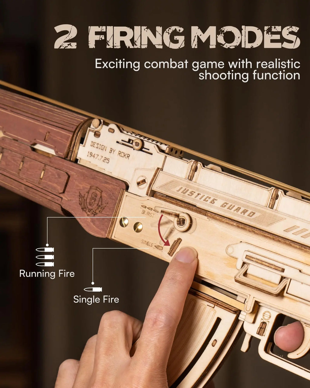 Ultra Shoppings Robotime Rokr AK47 wooden building block toy, detailed 3D DIY rifle puzzle for kids and adults.