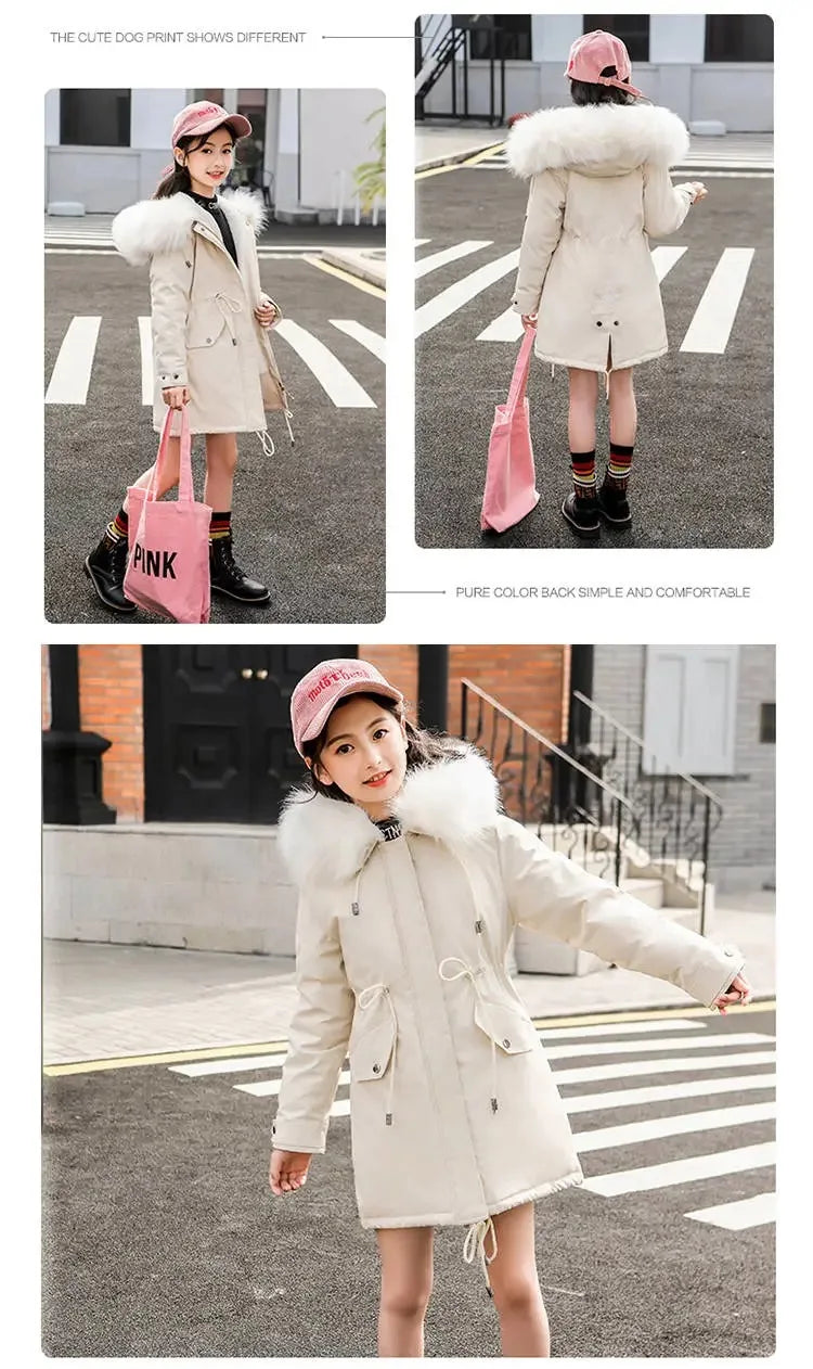 Girls’ Hooded Parka – Fur Collar & Thick Velvet Winter