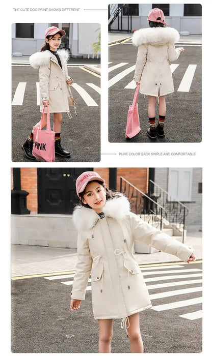 Girls’ Hooded Parka – Fur Collar & Thick Velvet Winter