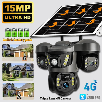 Triple Lens 15MP 4G Solar Security Camera | 10X Zoom | PIR Motion Detect