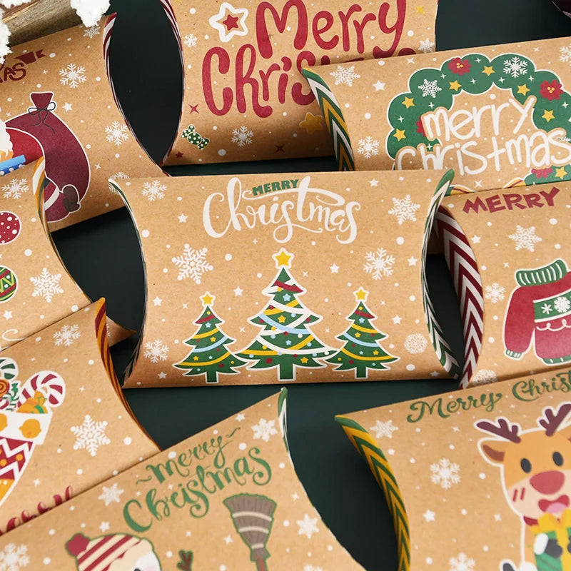 10pcs Christmas Pillow-Shaped Gift Boxes – Kraft Paper Candy & Cookie Packaging