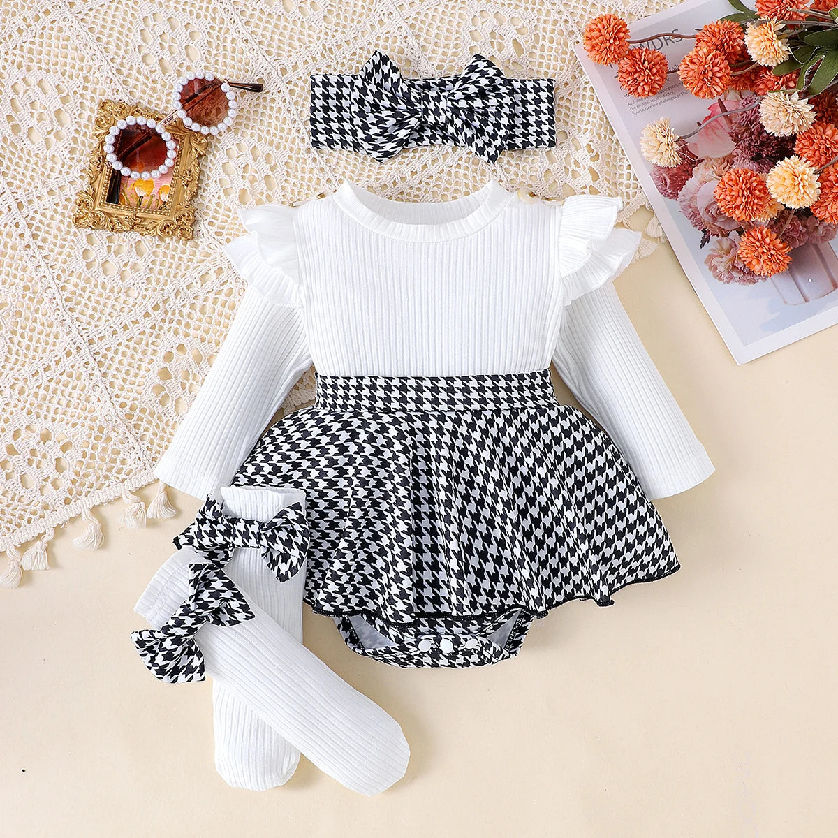 2PCS Autumn Set for Baby Girls – Black Top, Houndstooth Skirt & Hair Band