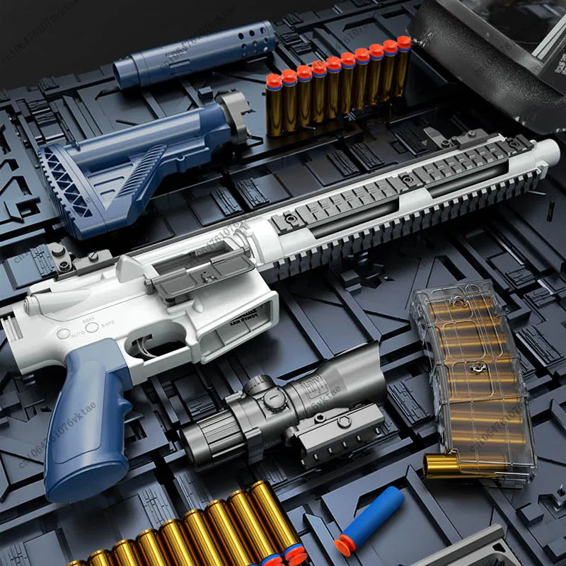 Ultra Shoppings M416 shell throwing soft bullet AWM sniper gun with jumping shell case, DIY assembly toy gun for kids.