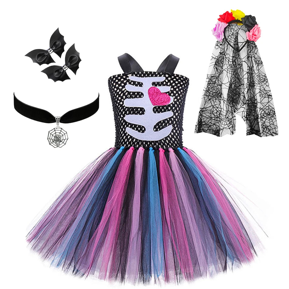 Girls Halloween Performance Outfit – Skull & Floral Tutu