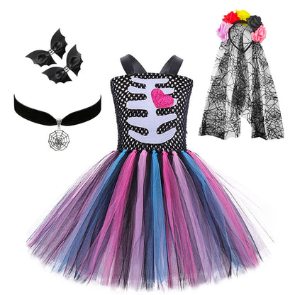 Girls Halloween Performance Outfit – Skull & Floral Tutu
