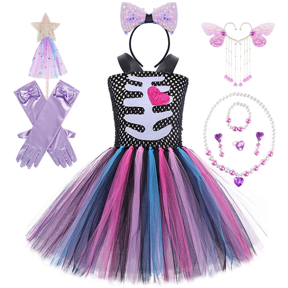 Girls Halloween Performance Outfit – Skull & Floral Tutu