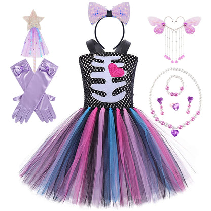 Girls Halloween Performance Outfit – Skull & Floral Tutu