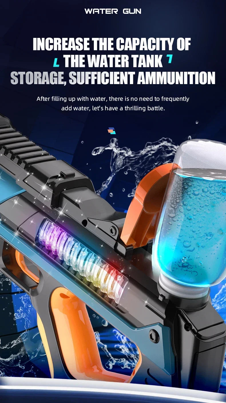 Electric water gun toy for kids, portable and automatic, ideal for summer beach outdoor water fights and outdoor play.