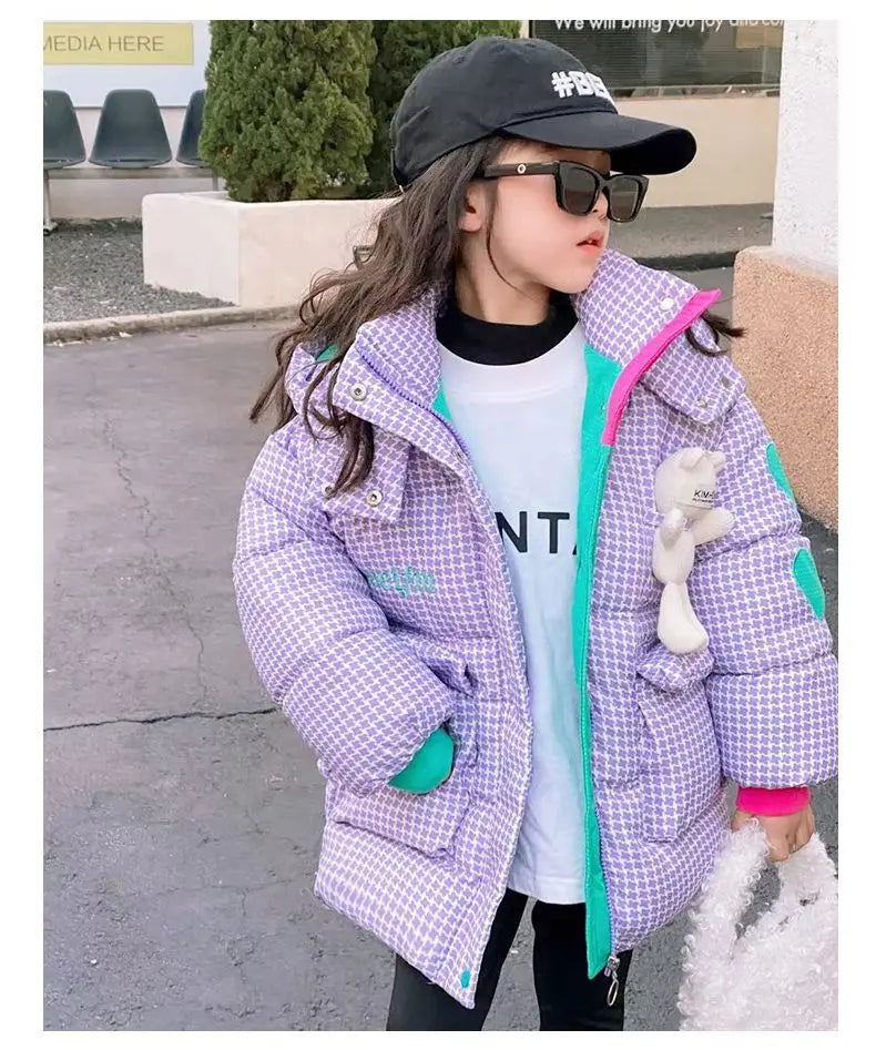 Warm Grid Design Jacket for Girls – Bonus Bear Toy 2025