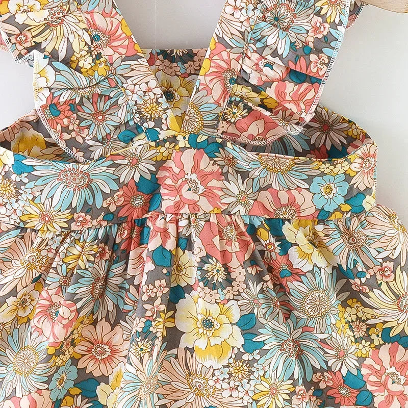 Girls’ Full Print Flower Halter Dress Outfit Set