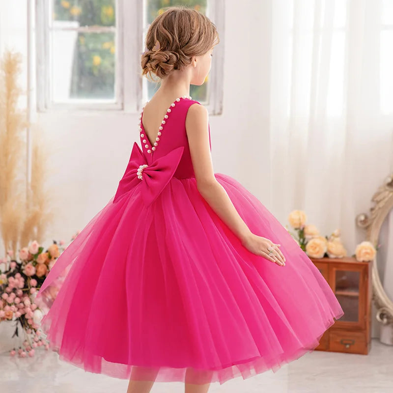 Kids Birthday Princess Dress with Bow & Pearls
