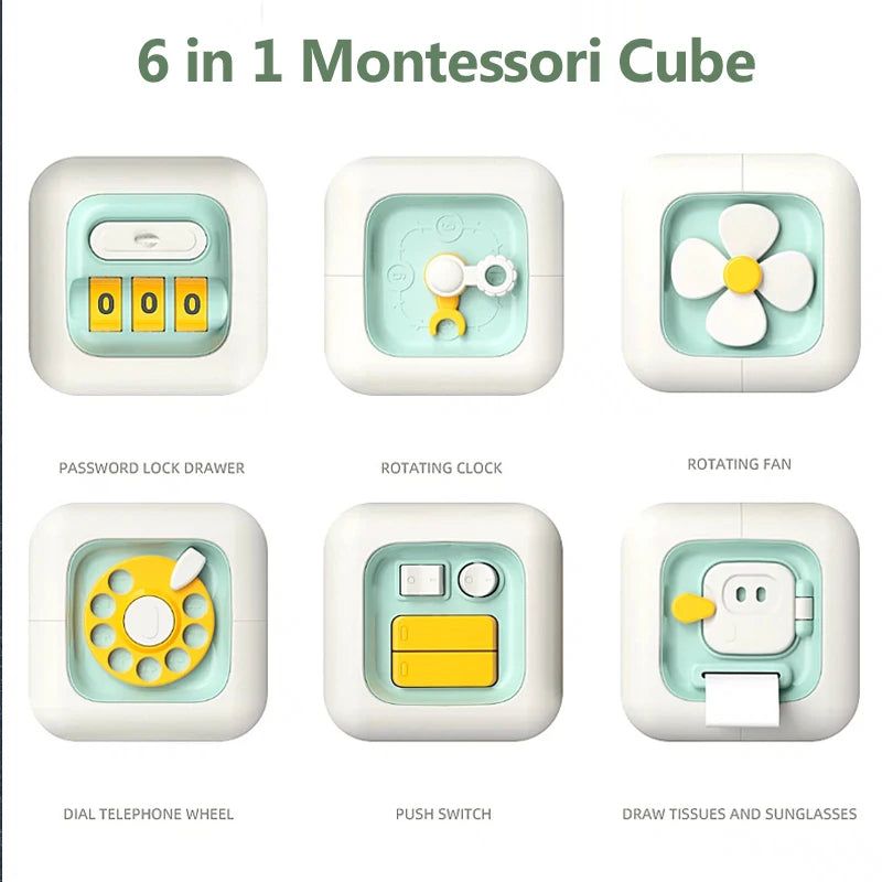 6-in-1 Montessori Busy Board Cube – Sensory Educational Toy for Kids