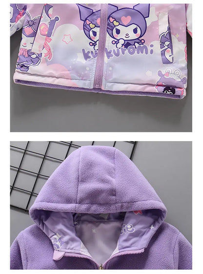 Teen Girls’ Plush Jacket – Cartoon Hooded Outerwear