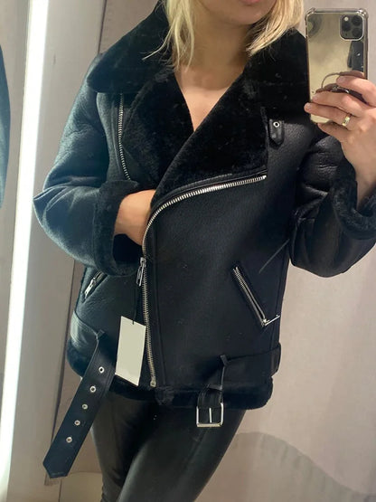Thick Faux Leather Fur Coat – Winter Aviator Style