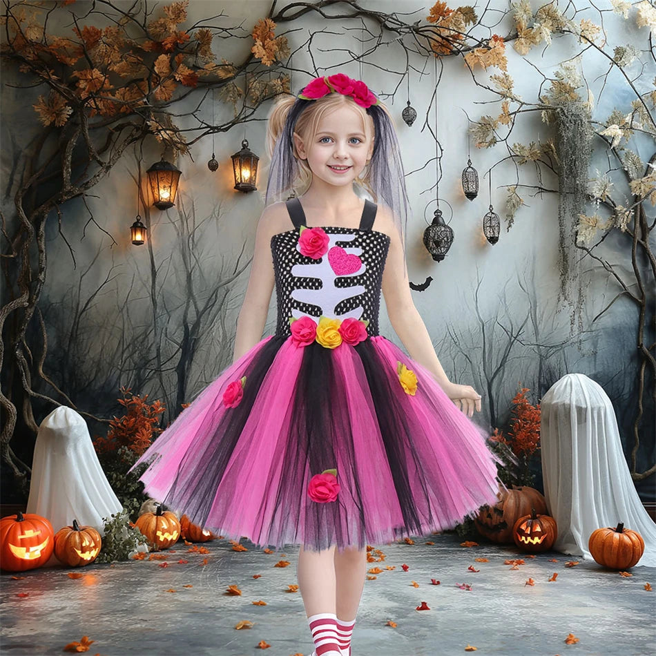 Girls Halloween Performance Outfit – Skull & Floral Tutu