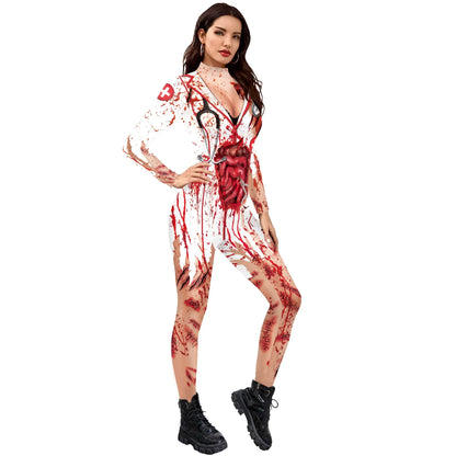 Scary Nurse Cosplay Costume – Blood-Print Slim Bodysuit for Party