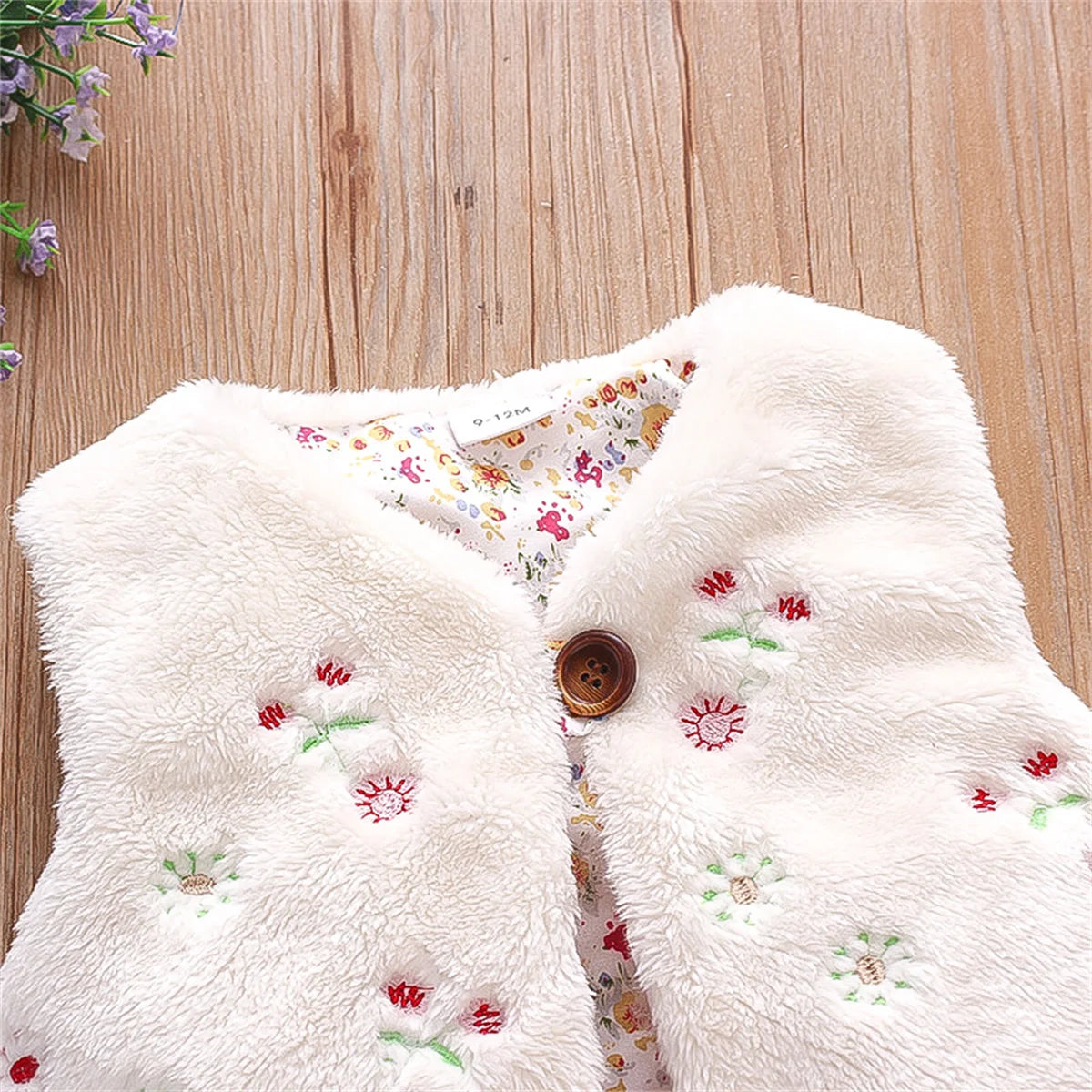 Baby Girls’ Fur Vest – Embroidered Sleeveless Coat (0–3Y)