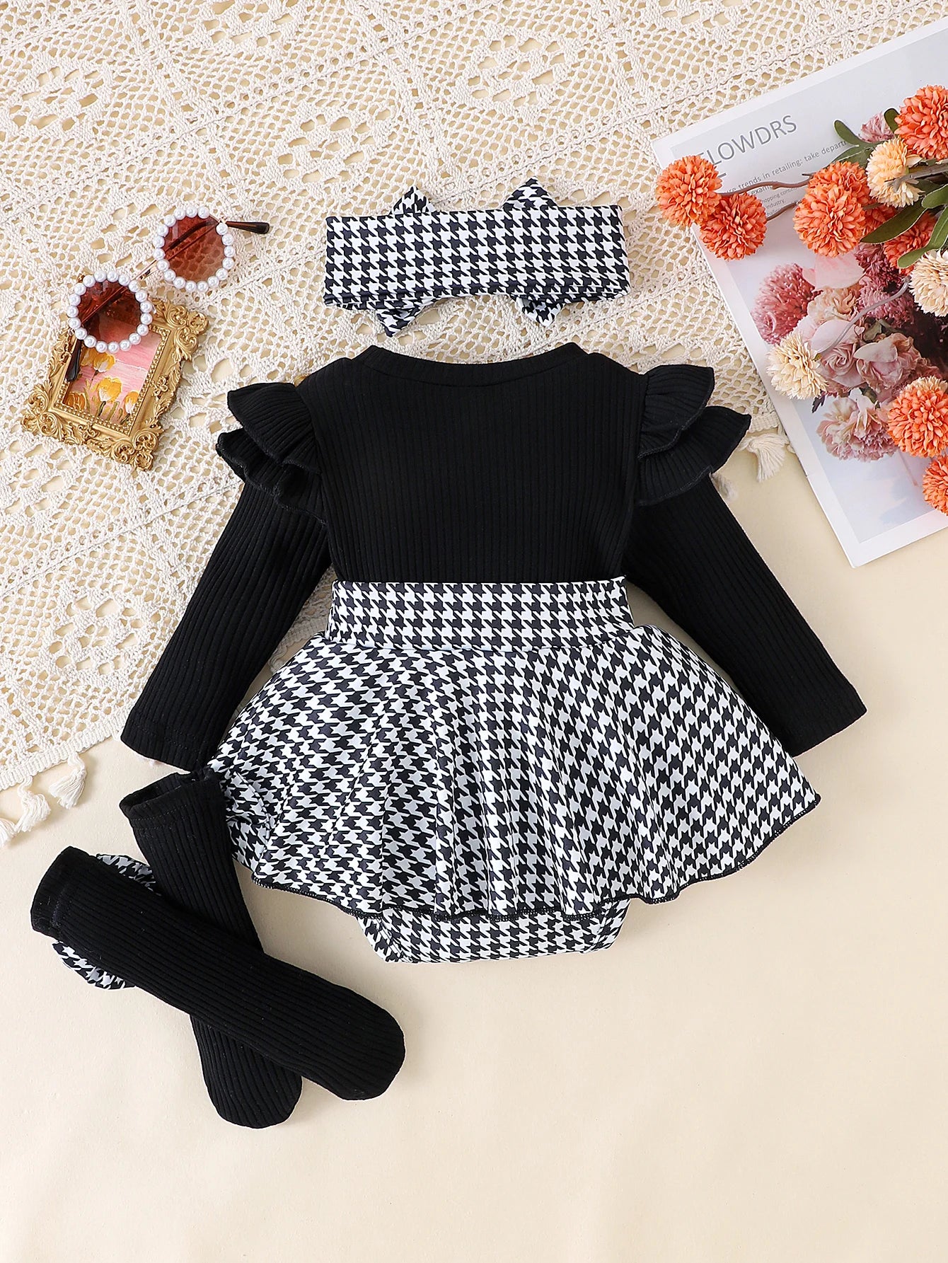 2PCS Autumn Set for Baby Girls – Black Top, Houndstooth Skirt & Hair Band