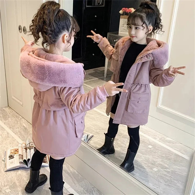 Teen Girls’ Winter Coat – Fur Collar Velvet Jacket with Hood