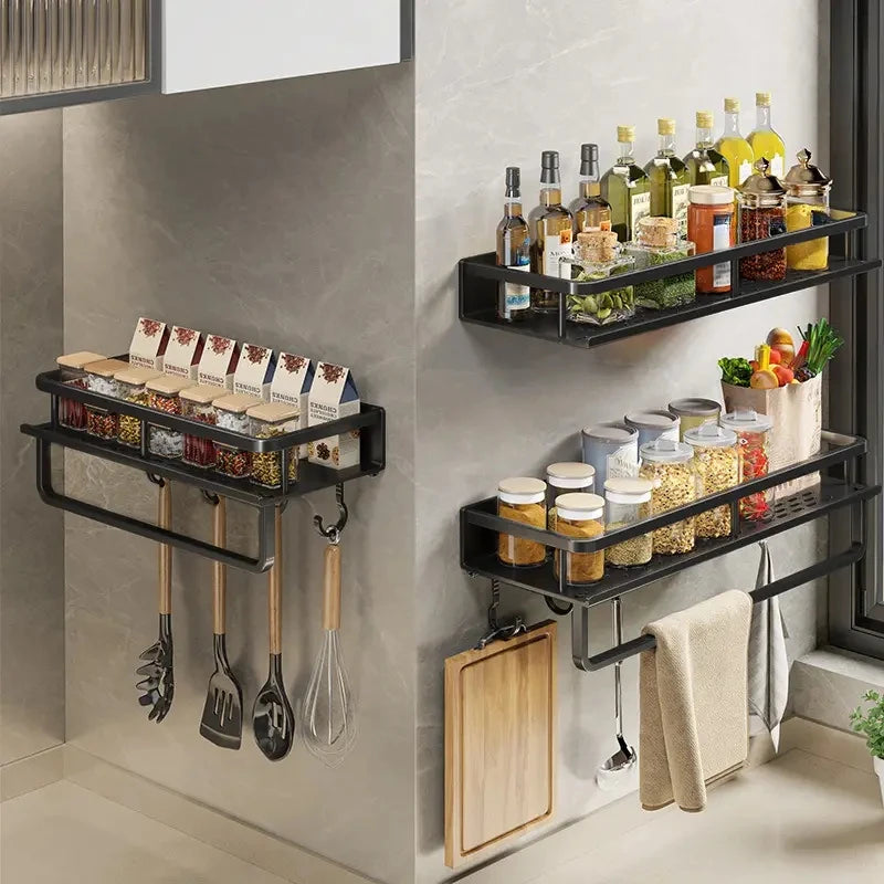 Wall-Mounted Kitchen Shelf & Spice Rack – Storage with Hooks & Towel Bar