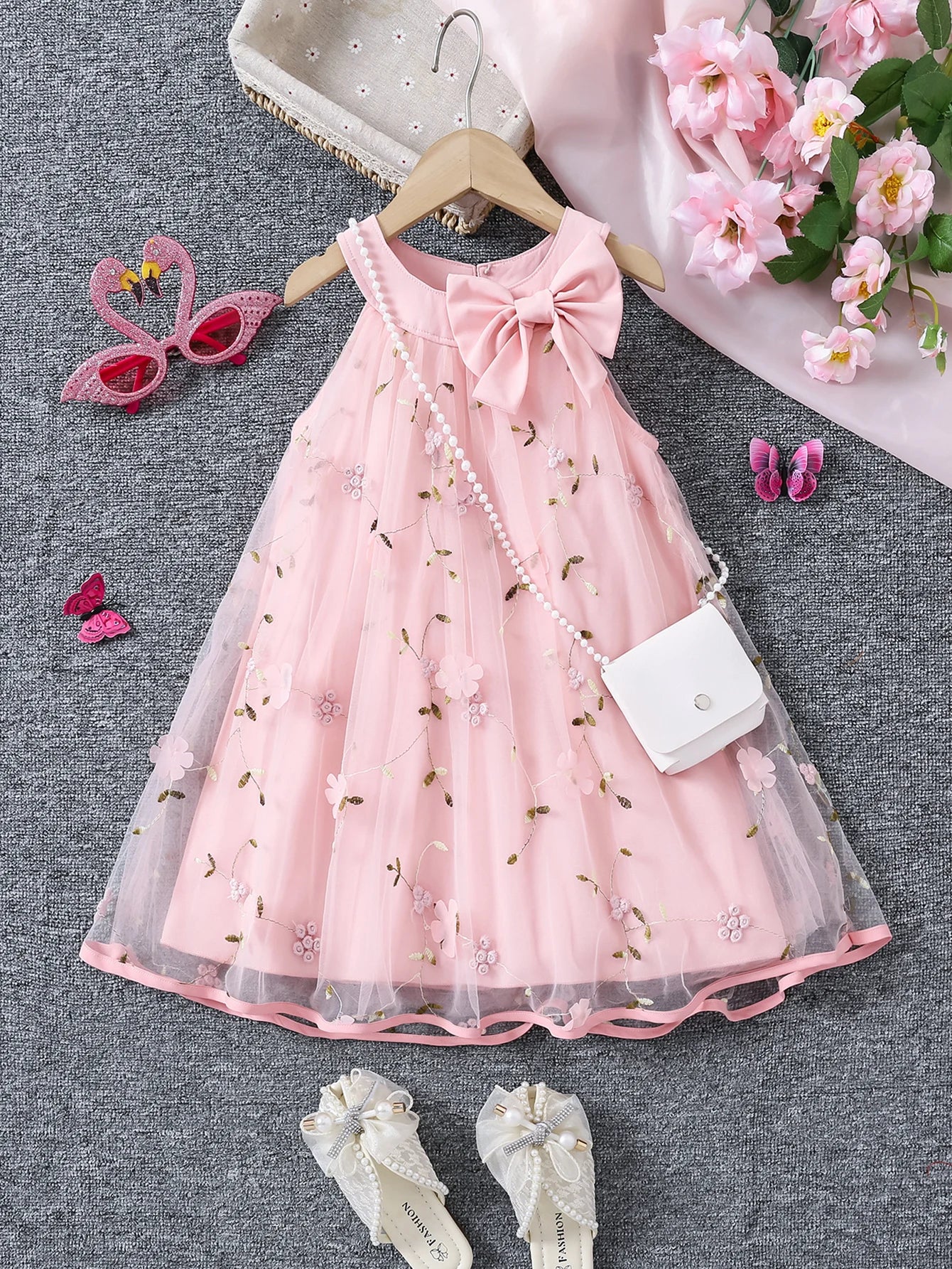 Girls' Summer Halter Dress with 3D Flowers & Bag