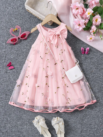Girls' Summer Halter Dress with 3D Flowers & Bag