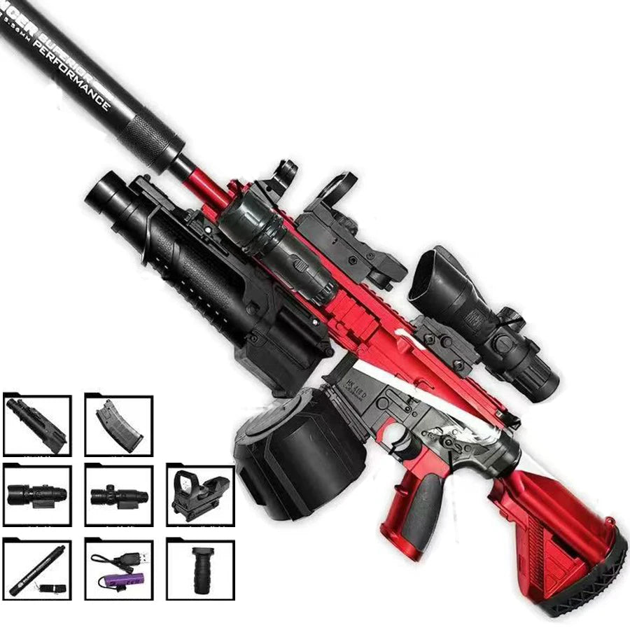 Ultra Shoppings 416 fully equipped automatic toy gun firing 7-8mm hydrogel bullets with infrared reloading for boys’ play.
