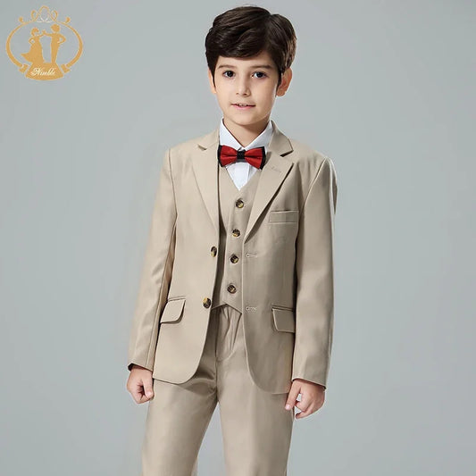 Boys’ 3-Piece Formal Suit – Khaki Coat, Vest & Pants | Wedding & Party Outfit