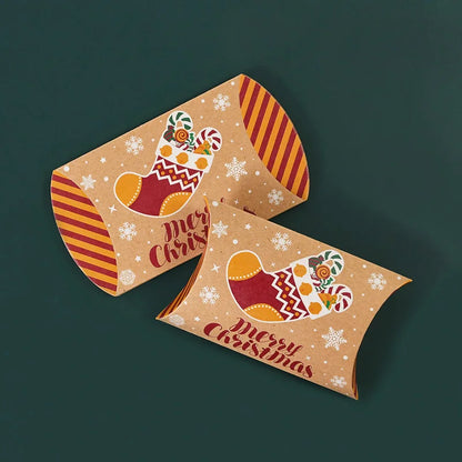 10pcs Christmas Pillow-Shaped Gift Boxes – Kraft Paper Candy & Cookie Packaging