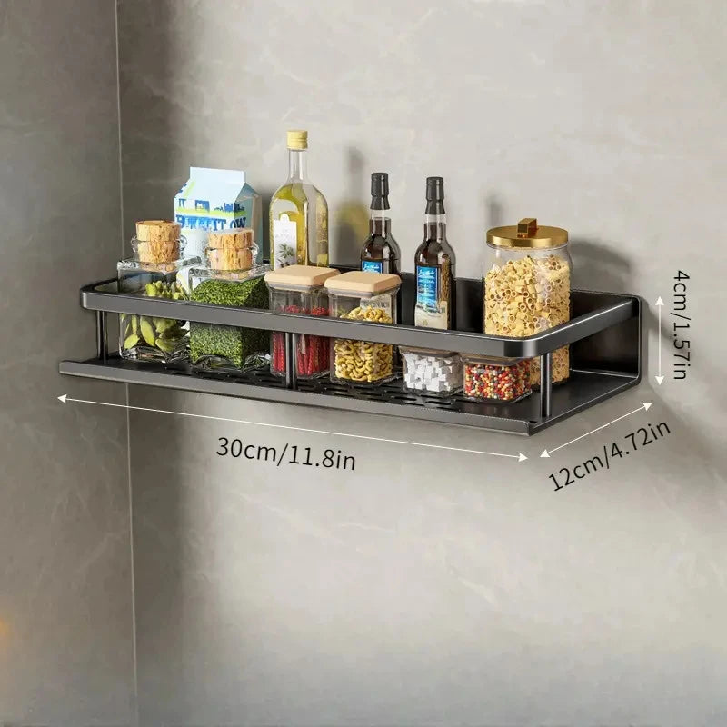 Wall-Mounted Kitchen Shelf & Spice Rack – Storage with Hooks & Towel Bar