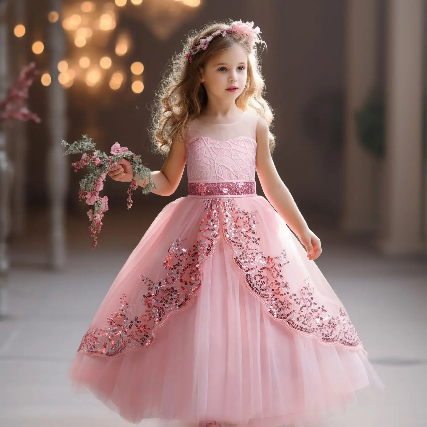 Girls Elegant Lace Wedding & Party Princess Dress