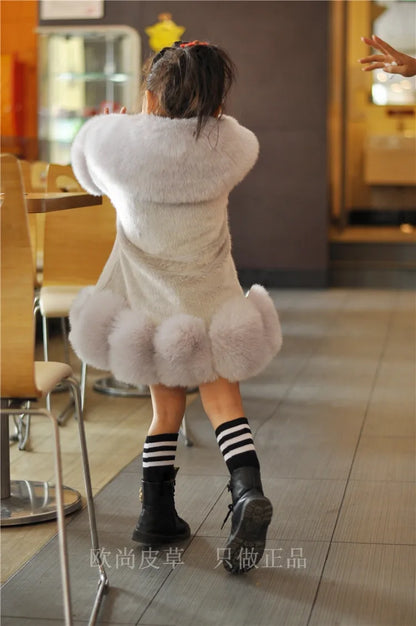 Korean Style Girls’ Winter Coat – Fox Fur Look