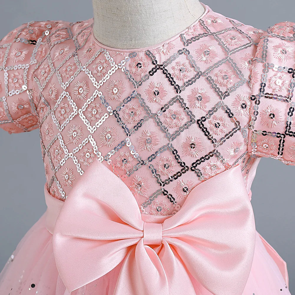 Kids’ Sequin Dress – High-Low Puffy Tutu with Bow Belt
