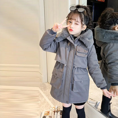 Teen Girls’ Winter Coat – Fur Collar Velvet Jacket with Hood