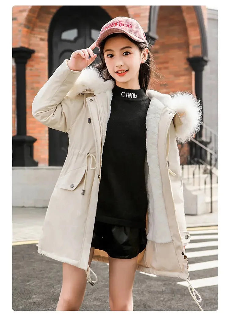Girls’ Hooded Parka – Fur Collar & Thick Velvet Winter