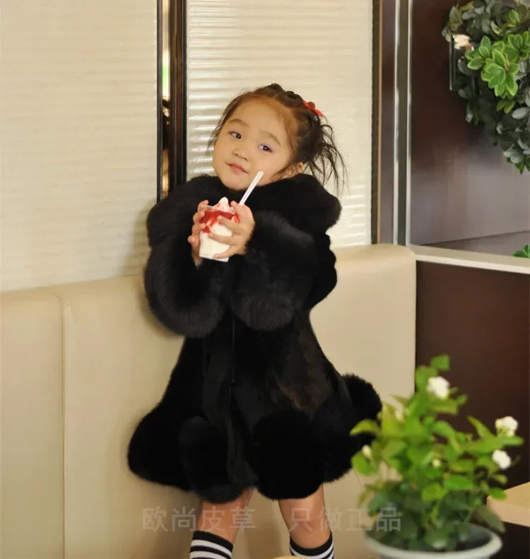 Korean Style Girls’ Winter Coat – Fox Fur Look