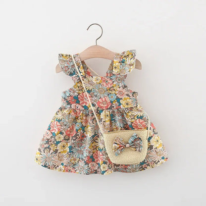 Girls’ Full Print Flower Halter Dress Outfit Set