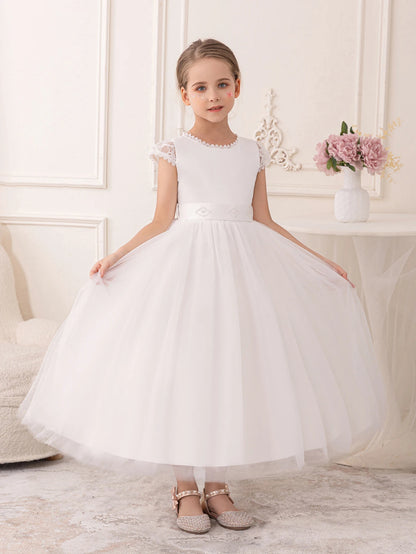 Girls’ Long White Gauze Lace Party Dress