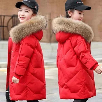 Girls’ Hooded Parka – Fur Collar & Thick Velvet Winter