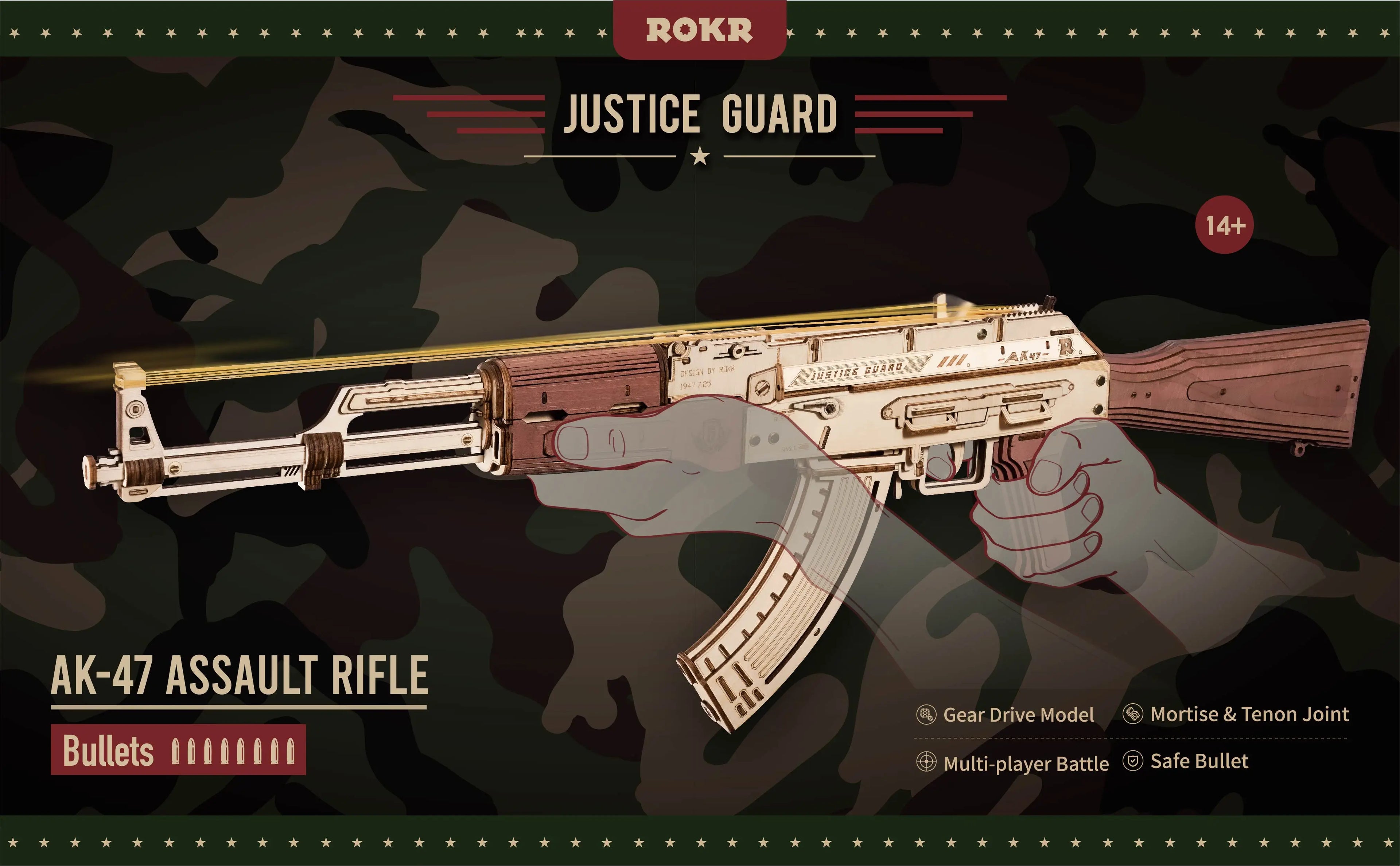 Robotime Rokr AK47 3D wooden gun building block toy, detailed model for kids and adults, justice guard themed wooden puzzle.